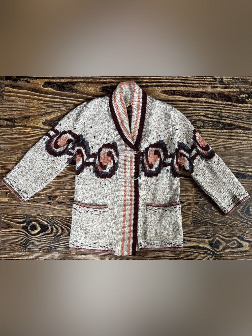Vintage Sabina Cream Shawl Collar Cardigan with Rust and Burgundy Accents
